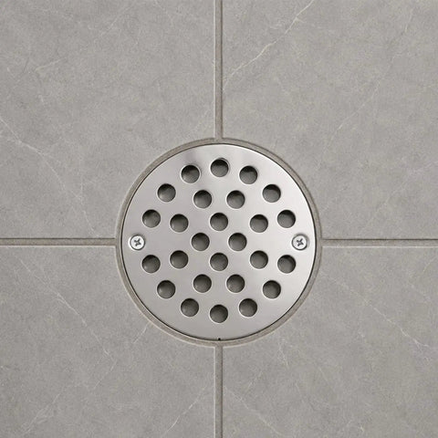 Round 4 Inch Screw-in Shower Drain Cover Strainer Kit with Screws and Screwdriver Universal Floor Drain Insert for Bathroom Replacement Fits like a Dream Heavy Duty Repair installed in grey tile.