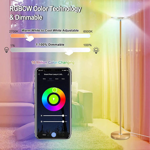 Upgraded LED Floor Lamp With Up Down Lighting, 2000 Lumen, Dimmable 1 To 100 Percent, RGBCW 16 Million Color Changing, smart app control