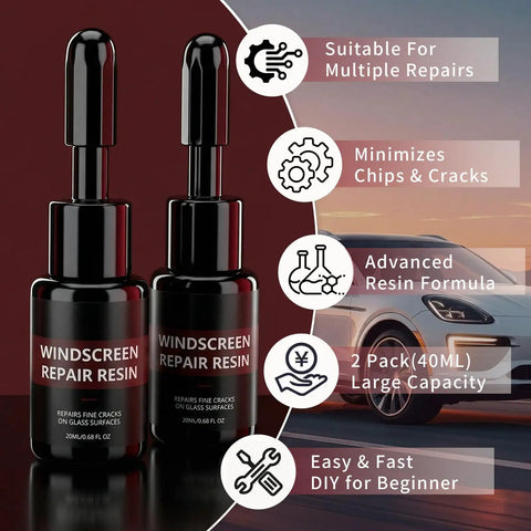 Upgraded Windshield Repair Kit DIY Friendly Pro Grade 40ml Nano Glass Repair Fluid 2x20ml packaging with car image