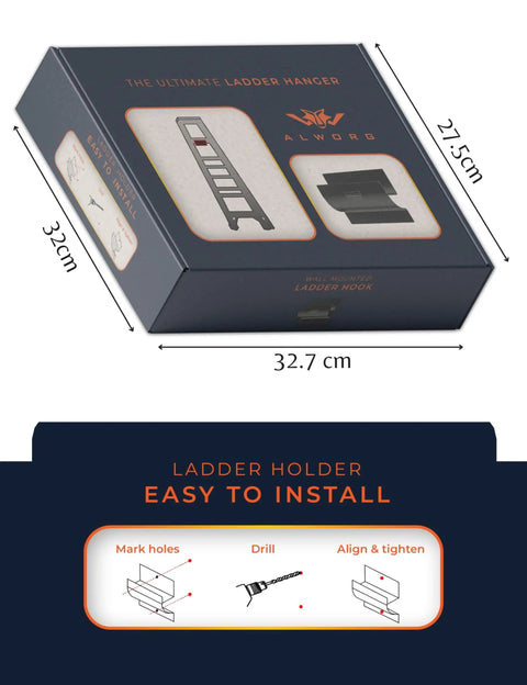 Rock Solid Heavy Duty Ladder Hook Wall Mount packaging, 32.7cm x 27.5cm, showcasing easy installation instructions.
