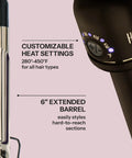 Close-up of 24K Gold Curling Iron With Extended 6 Inch Barrel For Tousled Curls Long Lasting Heat For Faster Styling settings