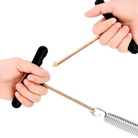 Hands using 2 Pack Trampoline Spring Pull Tool With T Hook Universal Fit Easy Pull Design With Plastic Handle for spring attachment