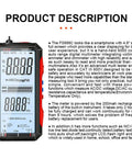 USB Rechargeable Digital Multimeter With Auto Display For Home And Pro Grade Industrial Electrical Troubleshooting shown with screen and features description.