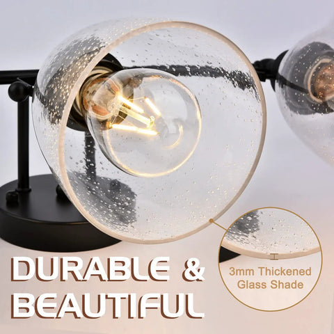Close-up of Dope 3-Light Modern Black Vanity Light Fixture With Seeded Glass Shade and Metal Base, 3mm thickened glass