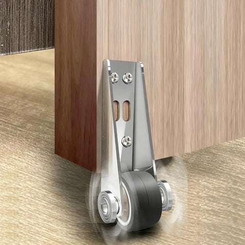 Heavy Duty Door Support Wheel And Anti Sag Low Profile Roller With Quick Install Tool Free Setup For A Tight Build Plus A Super Slick Bearing Glide That Keeps Every Single Door Rolling Silently Year Round, close-up of roller attached under door.