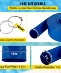 Heavy Duty PVC Lay Flat Discharge Hose 3 Ft By 105 Ft With Clamps For Pool Backwash And Water Transfer Weather Resistant Burst Proof Reinforced Braided Construction Built To Last Outdoor Use Blue, hose with clamps and size details visible