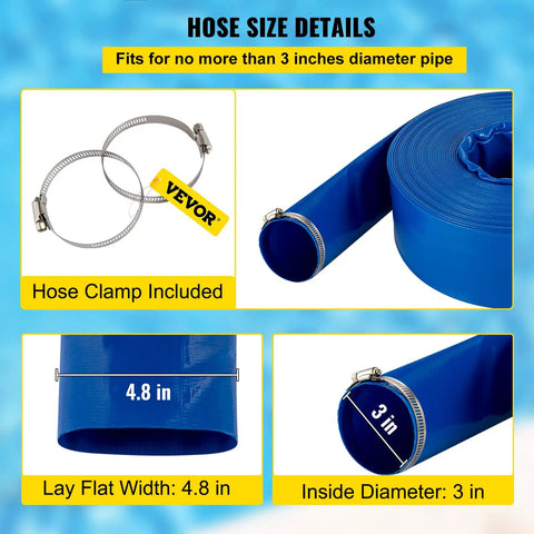 Heavy Duty PVC Lay Flat Discharge Hose 3 Ft By 105 Ft With Clamps For Pool Backwash And Water Transfer Weather Resistant Burst Proof Reinforced Braided Construction Built To Last Outdoor Use Blue, hose with clamps and size details visible