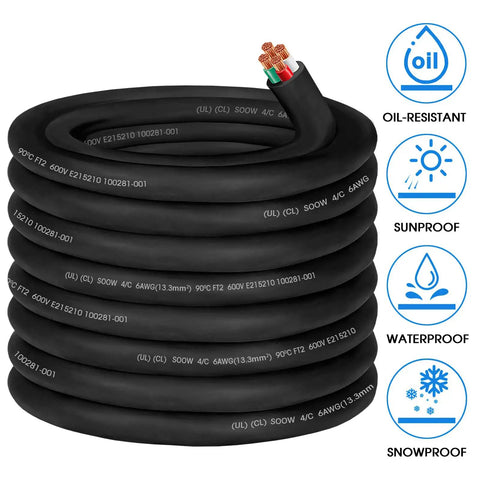 Fifty Foot 6/4 SOOW Heavy Duty Portable Power Cord 50 Amp Six AWG Four Conductor Industrial Extension Cable waterproof and oil-resistant.