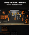 48 Inch Heavy Duty Adjustable Height Work Bench With 2000 Lbs Capacity, Built Like A Tank, shown with tools on pegboard and LED light