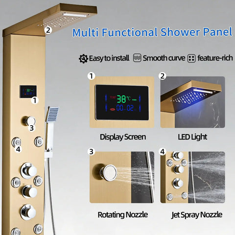 Heavy Duty Led Five In One Shower Panel Tower System With Brushed Gold Finish And Rock Solid 304 Stainless Steel Frame For Quick Hookup And Daily Showers