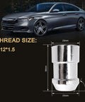Slick Chrome Wheel Lock Nut Kit Featuring M12x1.5 Threads And 60 Degree Cone Seat with dimensions displayed.
