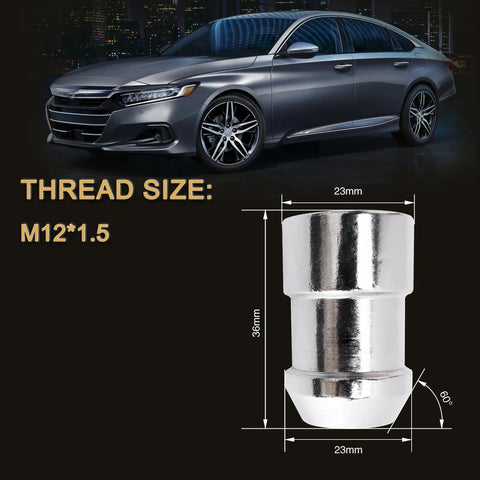 Slick Chrome Wheel Lock Nut Kit Featuring M12x1.5 Threads And 60 Degree Cone Seat with dimensions displayed.