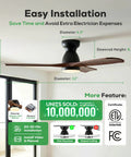52 Inch Smart Flush Mount Low Profile Outdoor Ceiling Fan With Lights Dope Quiet DC Motor Alexa Built In App Remote Control Six Speed Dimmable Three Wood Blades For Patio Dark Walnut easy installation