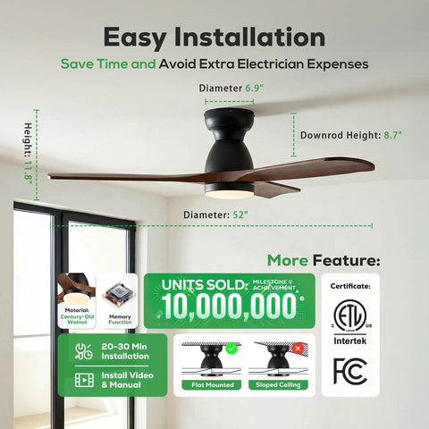 52 Inch Smart Flush Mount Low Profile Outdoor Ceiling Fan With Lights Dope Quiet DC Motor Alexa Built In App Remote Control Six Speed Dimmable Three Wood Blades For Patio Dark Walnut easy installation