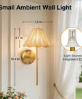 Wireless Boho Rattan Wall Sconce Set of Two, 15.4 in tall, with integrated LED, sleek brass finish, perfect for living room decor.