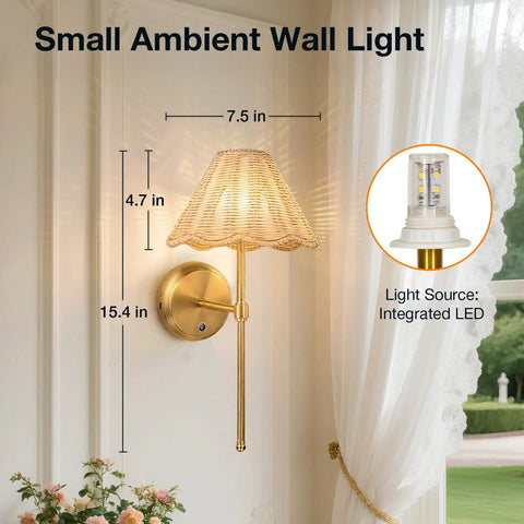 Wireless Boho Rattan Wall Sconce Set of Two, 15.4 in tall, with integrated LED, sleek brass finish, perfect for living room decor.