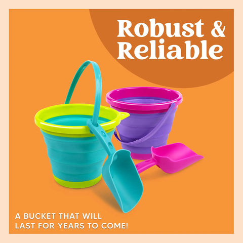3 Pack Foldable Beach Buckets With Shovels And Mesh Backpack For Kids And Toddlers, pink and purple buckets with shovels