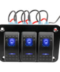 Front view of 12-24V Boat Switch Panel With Illuminated Rocker Switches Aluminum Pre-Wired Dash Panel Blue LED