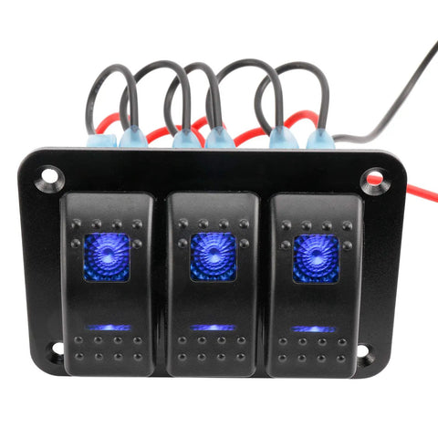 Front view of 12-24V Boat Switch Panel With Illuminated Rocker Switches Aluminum Pre-Wired Dash Panel Blue LED
