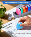 Slick 8 Piece Multicolor Office Stamp Set Featuring No Sweat Self Inking Rubber Design For Quick Document Marking Like Paid Approved And Confidential With Dope Storage Case, showing a blue self-inking stamp marking 'COPY' on paperwork.
