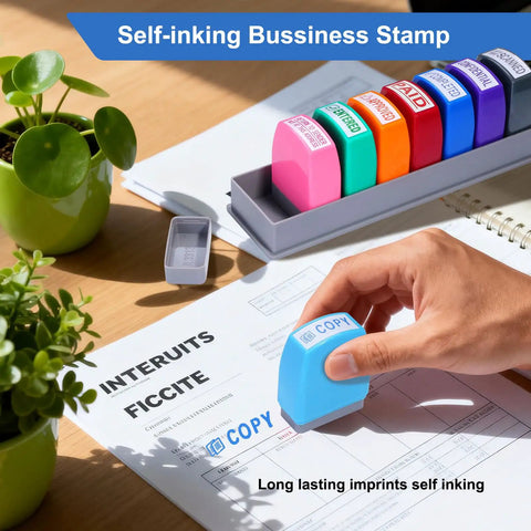 Slick 8 Piece Multicolor Office Stamp Set Featuring No Sweat Self Inking Rubber Design For Quick Document Marking Like Paid Approved And Confidential With Dope Storage Case, showing a blue self-inking stamp marking 'COPY' on paperwork.