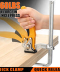 Four Pack Quick Release Ratcheting Table Clamps With Seven Inch Capacity And Two And Three Eighths Inch Throat Depth For MFT Track Saw And Guide Rail Systems Rotating Pressure Pad For Precise Woodworking Heavy Duty Durable Steel Build, clamp on wood board