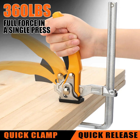 Four Pack Quick Release Ratcheting Table Clamps With Seven Inch Capacity And Two And Three Eighths Inch Throat Depth For MFT Track Saw And Guide Rail Systems Rotating Pressure Pad For Precise Woodworking Heavy Duty Durable Steel Build, clamp on wood board