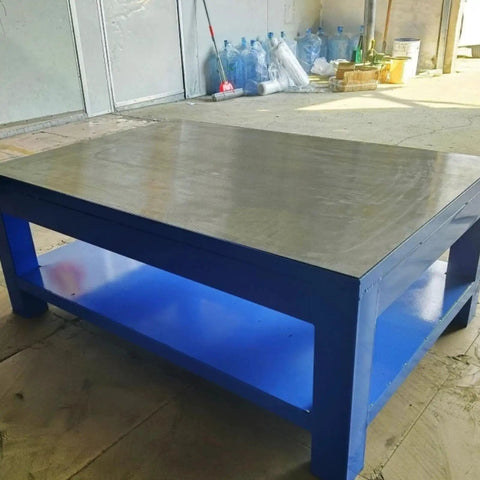 Industrial Heavy Duty Fitters Workbench With An Eight Mil Thick Solid A3 Steel Tabletop Built Like A Tank For Stubborn Mold Assembly and Serious Shop Grind, blue frame, solid steel top.