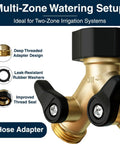 Heavy Duty 2 Way Hose Splitter Premium Brass Y Adapter With Double Shut Off Valve Rust Resistant Finish For Outdoor Faucet Spigot Bib Tap Garden Hose Connector, brass Y hose adapter close-up