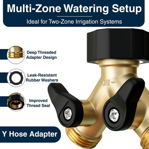 Heavy Duty 2 Way Hose Splitter Premium Brass Y Adapter With Double Shut Off Valve Rust Resistant Finish For Outdoor Faucet Spigot Bib Tap Garden Hose Connector, brass Y hose adapter close-up