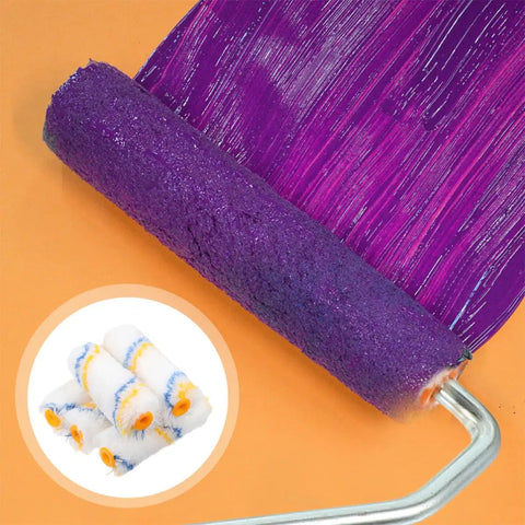 20 Piece Mini Paint Roller Kit With Wall Painting Brushes High Density Low Lint Foam Rollers on purple paint surface.