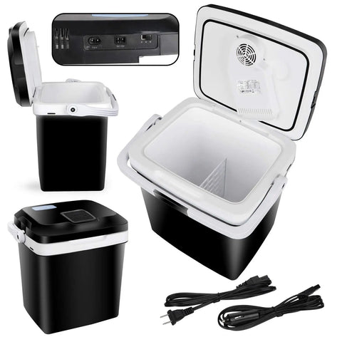 Portable 26 Liter Car Cooler Warmer With Ac Dc Power Compact Electric Refrigerator Chest showcases open lid, plugs, and inside view.