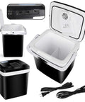 Heavy Duty 26 Liter Portable Car Cooler And Warmer With 12V Plug In Compact Electric Fridge for outdoor use, showing open cooler, cables.