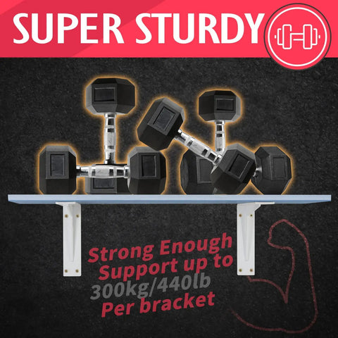 18-Inch White Shelf Brackets Set Of 4 Heavy Duty Right Angle Braces with dumbbells showing strength and support for shelving