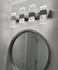 Modern LED Bathroom Vanity Light Fixtures Sleek Dope Chrome Stainless Steel Four Light Wall Sconces Over Mirror 28 Inch Dimmable 40W Crystal Cool White 5800K With Corrugated Crystal Design For Bright Elegant Bathroom Update