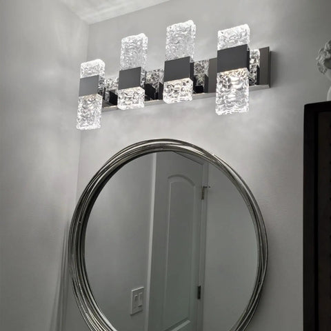Modern LED Bathroom Vanity Light Fixtures Sleek Dope Chrome Stainless Steel Four Light Wall Sconces Over Mirror 28 Inch Dimmable 40W Crystal Cool White 5800K With Corrugated Crystal Design For Bright Elegant Bathroom Update