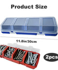 Two Pack Screw Organizer Storage Bins With Lids, 4 Compartments, Red Box with Screws Displayed, Clear Tops, 11.8in x 30cm Size