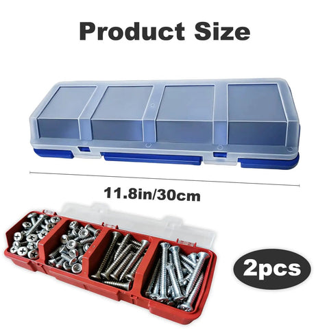 Two Pack Screw Organizer Storage Bins With Lids, 4 Compartments, Red Box with Screws Displayed, Clear Tops, 11.8in x 30cm Size