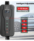 Heavy Duty Portable EV Charger With Type 2 Charging Cable 16 Amp Level 2 3.5 Meter Cord IP67 Weatherproof Electric Vehicle EVSE displaying adjustable settings.