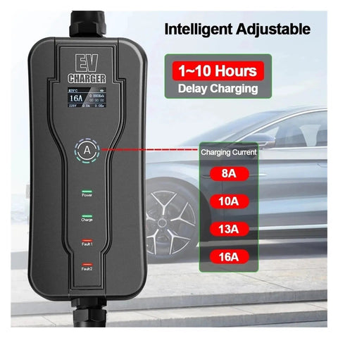 Heavy Duty Portable EV Charger With Type 2 Charging Cable 16 Amp Level 2 3.5 Meter Cord IP67 Weatherproof Electric Vehicle EVSE displaying adjustable settings.