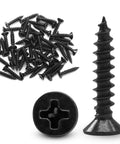 Premium Carbon Steel Black Wood Screws 6 X 3/4 Inch In A 120 Pack With Corrosion Resistant Coating And Aggressive Threading, shown in detail.