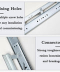 Heavy Duty Soft Close Drawer Slides Featuring Ball Bearings For Concealed Side Mount Extension On Desks And Cabinets Built Like A Tank Rock Solid Cold Rolled Steel Storage Setup Pair fixing holes and connector detail.