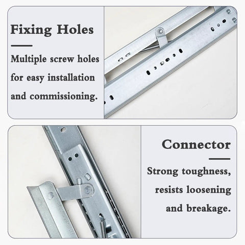Heavy Duty Soft Close Drawer Slides Featuring Ball Bearings For Concealed Side Mount Extension On Desks And Cabinets Built Like A Tank Rock Solid Cold Rolled Steel Storage Setup Pair fixing holes and connector detail.