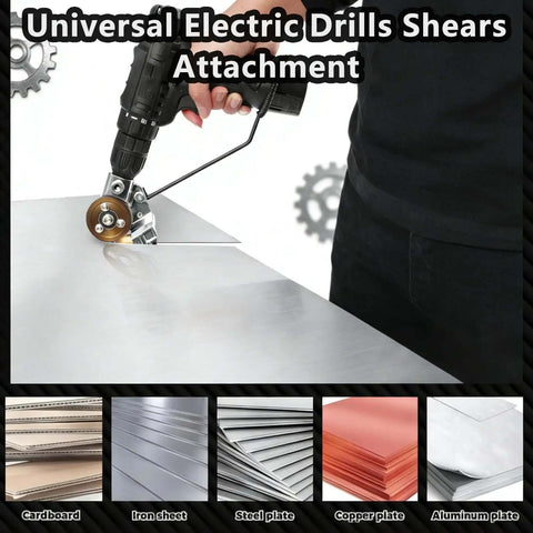 Pro Grade Drill Nibbler Attachment For Sheet Metal Cutting in use, shown cutting metal with titanium-coated blade and universal adapter