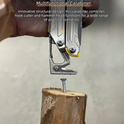 17 In 1 Multitool Pliers With Flint Fire Starter And Carabiner Hammer, 5Cr13 Steel Outdoor EDC Gear, Carabiner in use on wood