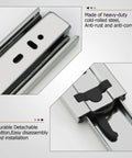 Close-up of 16 Inch Full Extension Ball Bearing Drawer Slides Set, silver side mount rails with detachable button for easy installation.