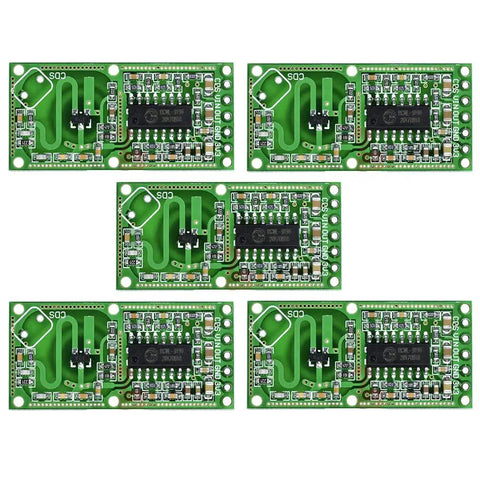RCWL-0516 Microwave Radar Sensor Module For Human Detection 5-pack, green circuit boards with components, wide voltage range.