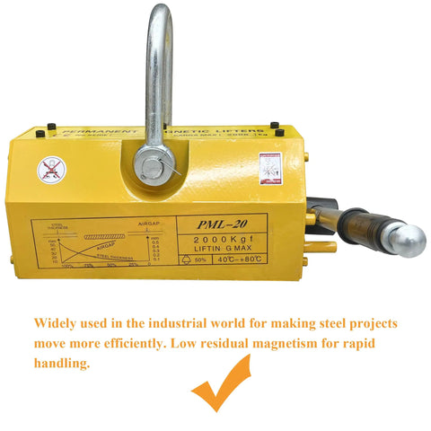 Heavy Duty Neodymium Magnetic Lifter Featuring Tough As Nails Build And Slick Toggle Release For Steel Plates And Scrap Handling Boasts Beast Mode Grip Up To 4409 Pounds - PML-20 model, yellow manual lifter for steel.
