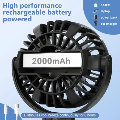 Mini Portable Baby Stroller Fan On The Go, close-up of black fan showcasing 2000mAh battery compartment.