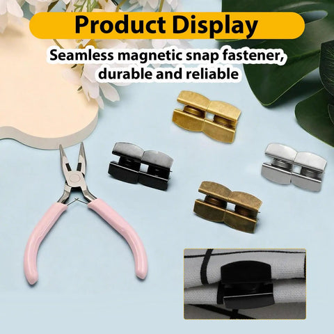 24 Pairs Magnetic Snaps For Purses And Totes in gold, silver, gunmetal, copper shown with tweezers on a display